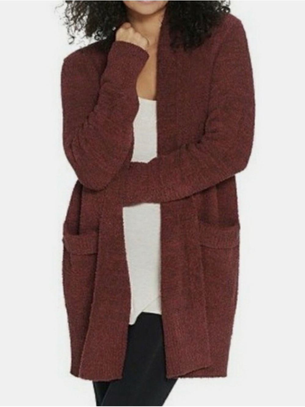 Barefoot Dreams Open-Front Long Cardigan in Maroon